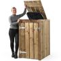 Volente Container Ombouw Enkel Peter met een vrouw erlangs die het container ombouw open maakt en hetvan binnen laat zien.
