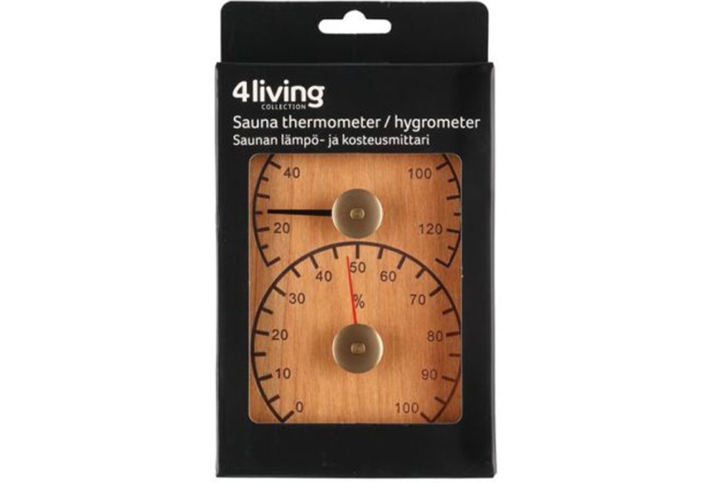 4Living sauna thermohygrometer hout bruin in verpakking.