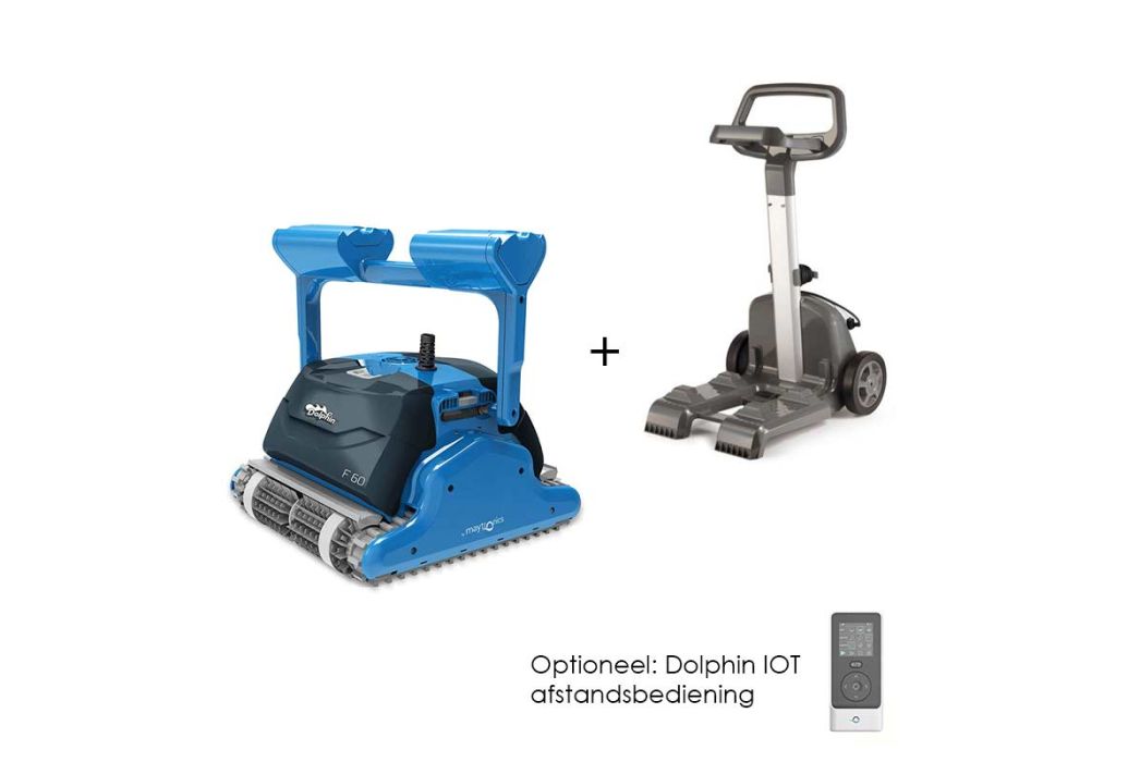 Dolphin F60 zwembadrobot met de Dolphin caddy en optioneel de Dolphin IOT afstandsbediening.