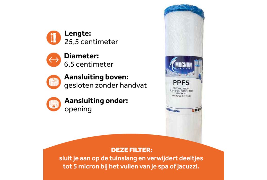 Magnum Spafilter PPF5 prefilter met aansluiting tuinslang kenmerken