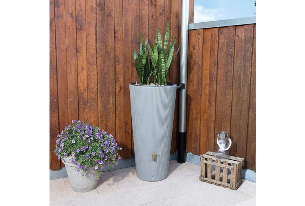 Garantia regenton met plantenbak grijs 220 liter sfeerbeeld