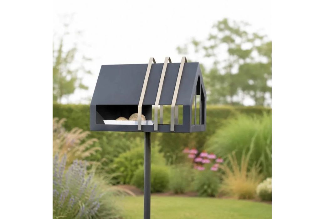 Heeej Open Framed Feeder vogelvoederhuisje op paal donkergrijs zijkant