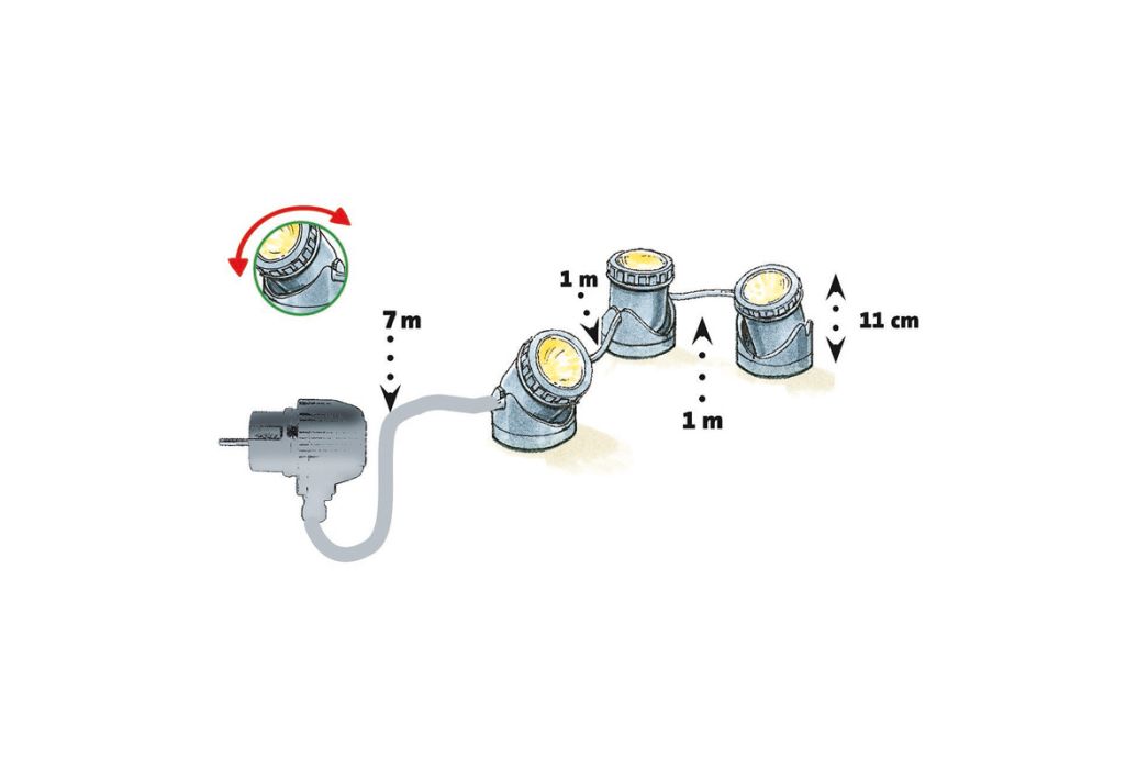 Heissner onderwater LED vijververlichting 3-delige set technische tekening