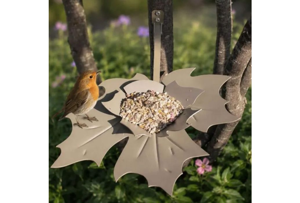 Heeej Leaf Me vogelvoederschaal | Pearl Beige met natuur en met een vogeltje Koolmees.