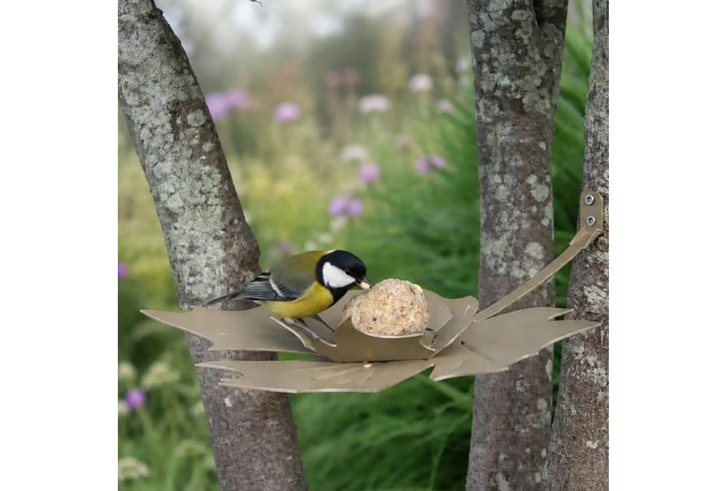 Heeej Leaf Me vogelvoederschaal | Pearl Beige met natuur en met een vogeltje Roodborstje 
