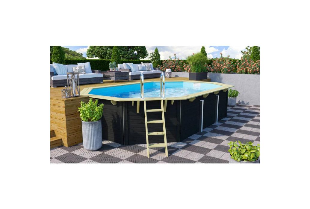 Trend Pool houten zwembad antraciet 610 x 400 x 124 cm in de tuin