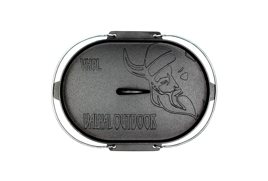 Valhal Dutch Oven gietijzer ovaal met grill deksel 9 liter bovenkant