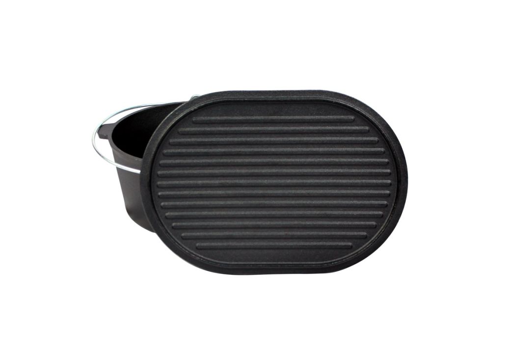 Valhal Dutch Oven gietijzer ovaal met grill deksel 9 liter onderkant deksel