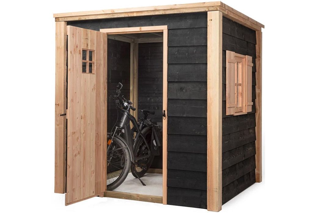 Volente tuinberging Willem | 381 x 196 x 208 cm met deur open en fiets binnen.