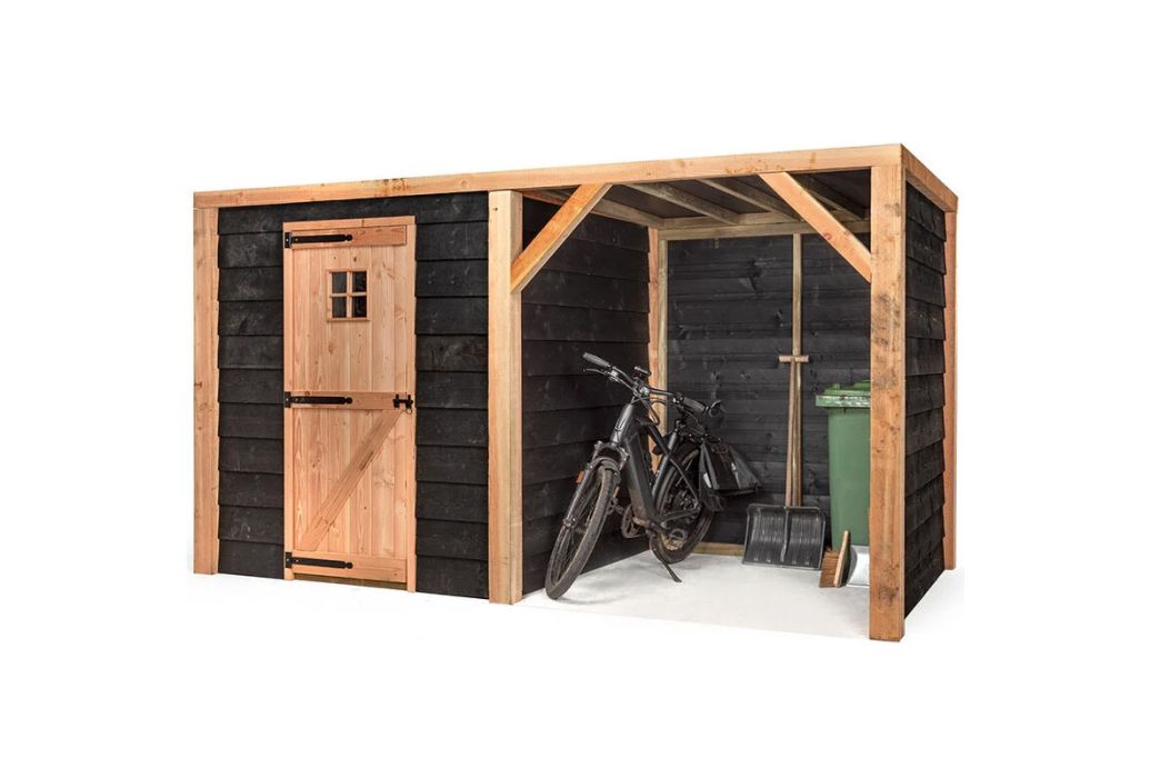 Volente tuinberging Moos | 381 x 196 x 208 cm met fiets onder de overkapping.