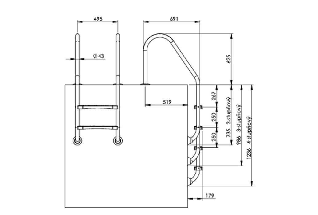 Zwembadtrap RVS Curvo - Basic, 3 treden afmetingen