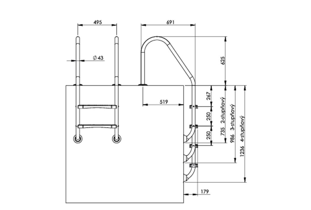 Zwembadtrap RVS Curvo - Basic, 3 treden afmetingen